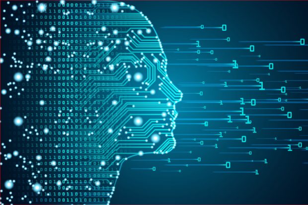 An abstract image of a human head made up of a circuit board and computer code